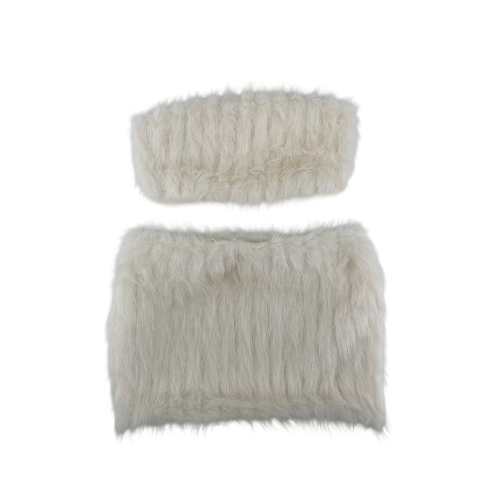 Womens White Faux Fur 2 Piece Set Strapless Tube Top and Mini Skirt Small - Picture 1 of 7